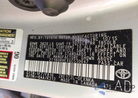 2016 Toyota Corolla Le from USA, damaged, VIN 2T1BURHEXGC539047